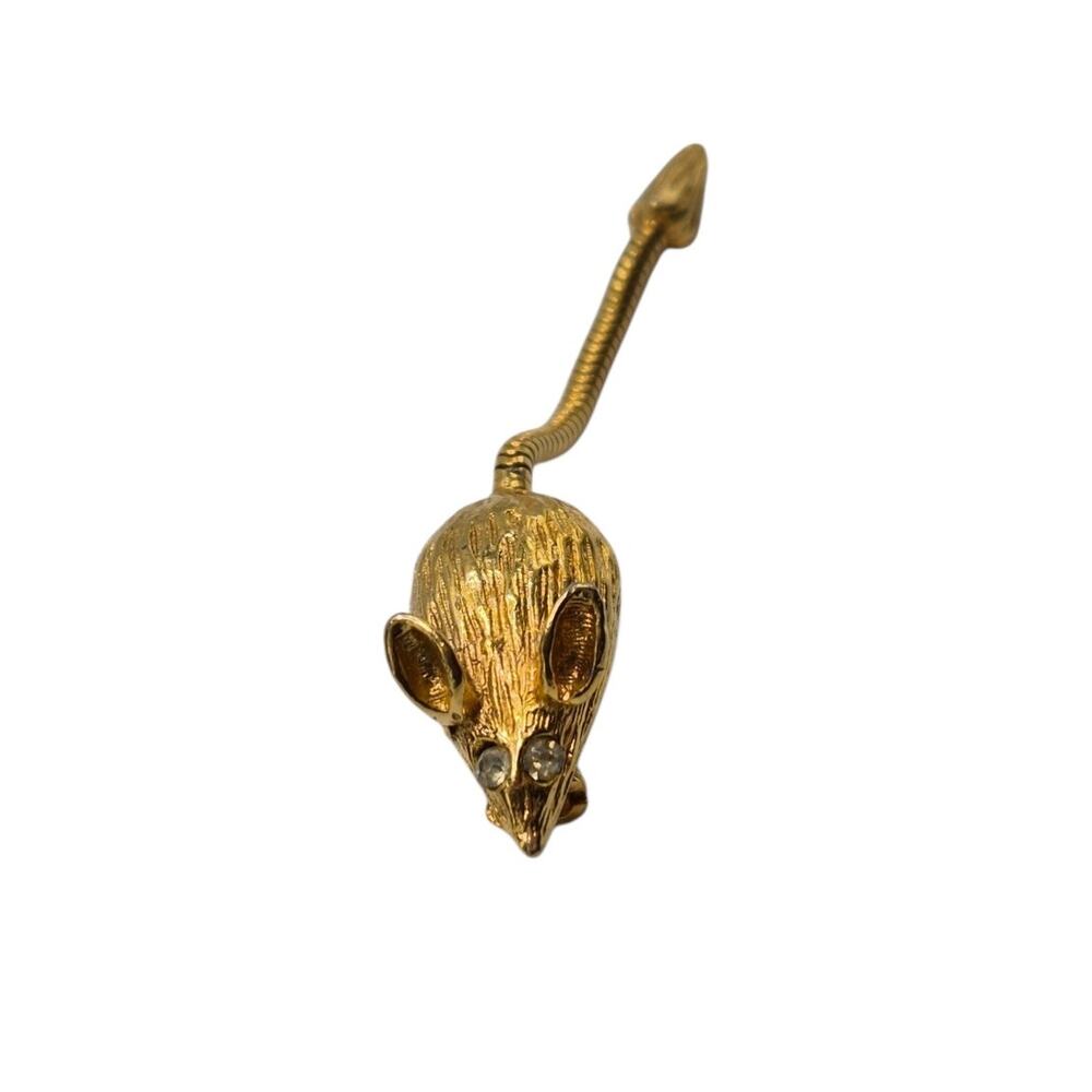 Vintage Mouse Brooch Articulated Tail Rhinestone Eyes Gold Tone